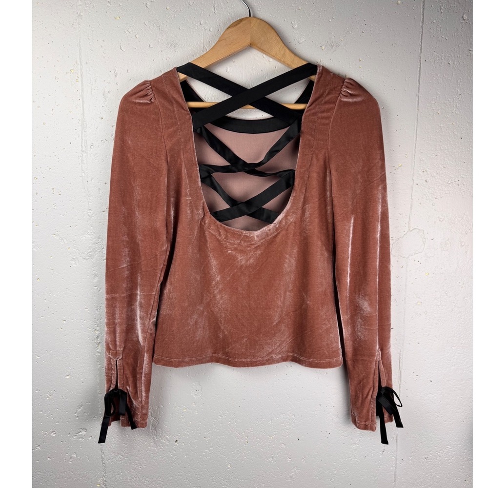 Anthropologie Velvet Top Pink Open Back Crisscross Ribbon Tie Cuff Women XS - Picture 6 of 14